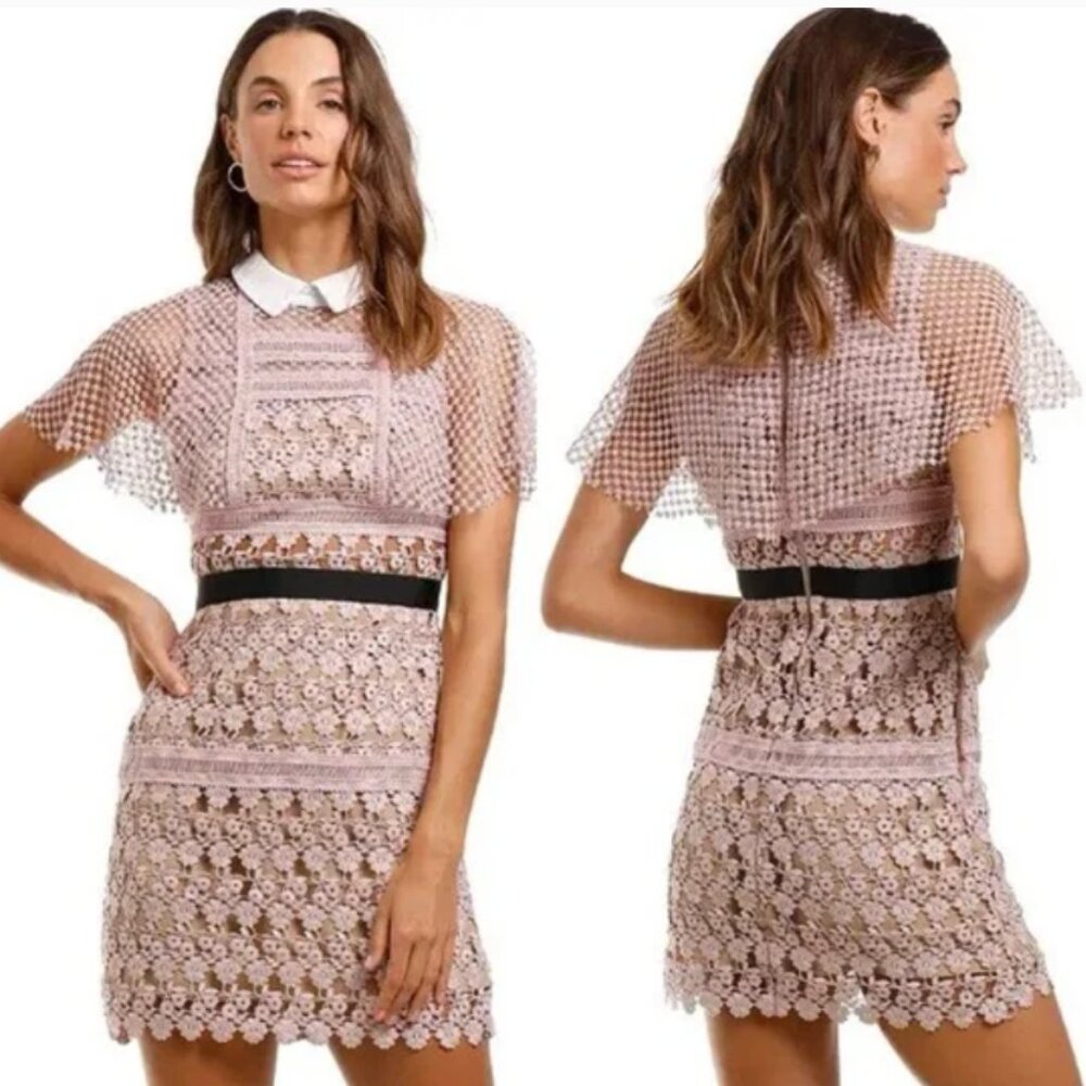 SELF-PORTRAIT Floral Vine Cape Embroidered Scalloped Short Sleeve Dress